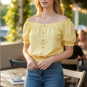 Michael Michael Kors Yellow Off Shoulder Peasant Top Smocked Hem Size M